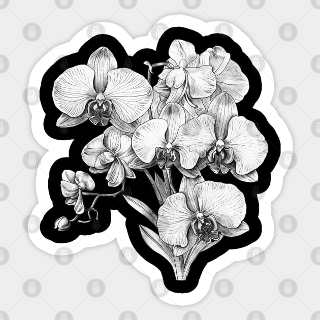 Black and White Coloring Book/Tattoo Style Orchid Blossoms Sticker by FrenArt